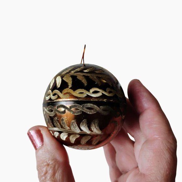 Vintage Hand Engraved Metallic Christmas Ornament With Leaf Design Gold Bronze - Picture 2 of 15